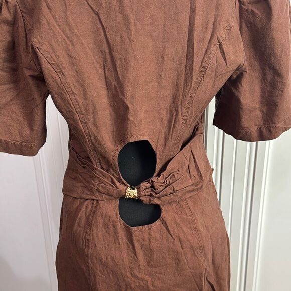 Anthropologie Brown Sheath Dress with Puff Sleeves and Cutout Back - Picture 3 of 6